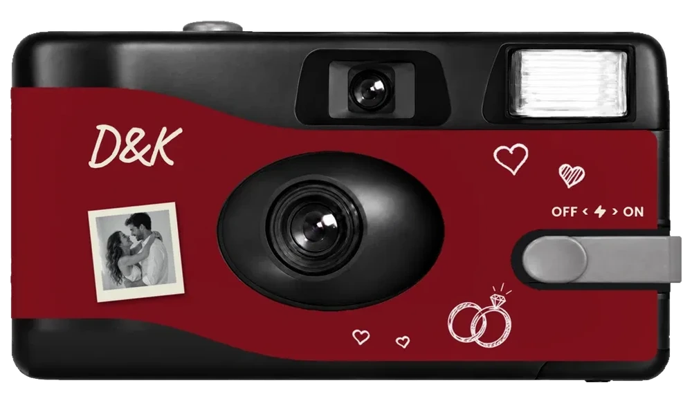 Front of Dylan and Kiara's deep red wedding camera