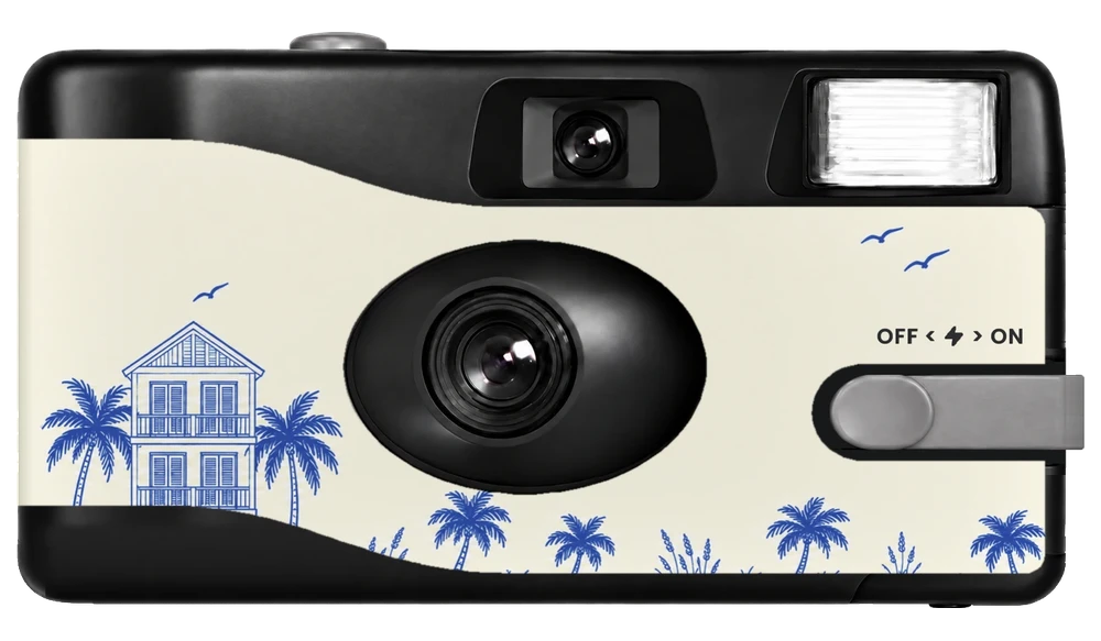 The Capture Your Stay camera for Beach House: blue line drawings of a beach house and palm trees on cream