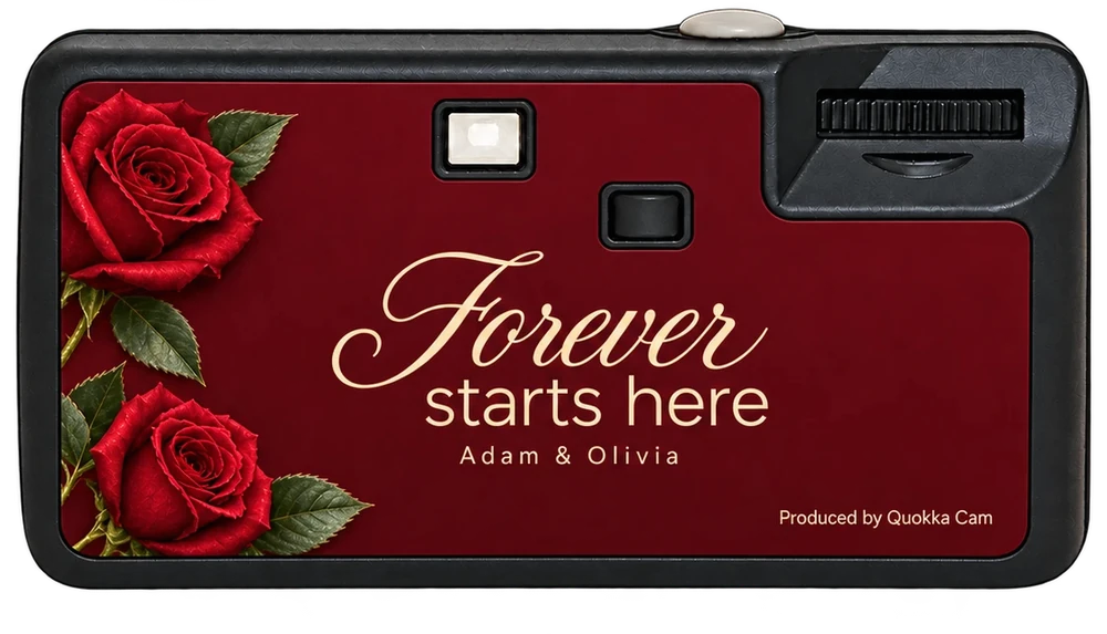 Back of the same disposable camera: red roses and the line Forever starts here
