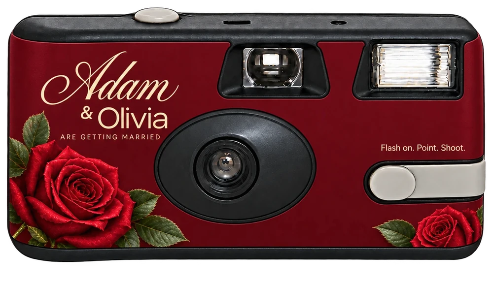 Front of a disposable camera: a deep red Adam & Olivia are getting married sticker with red roses