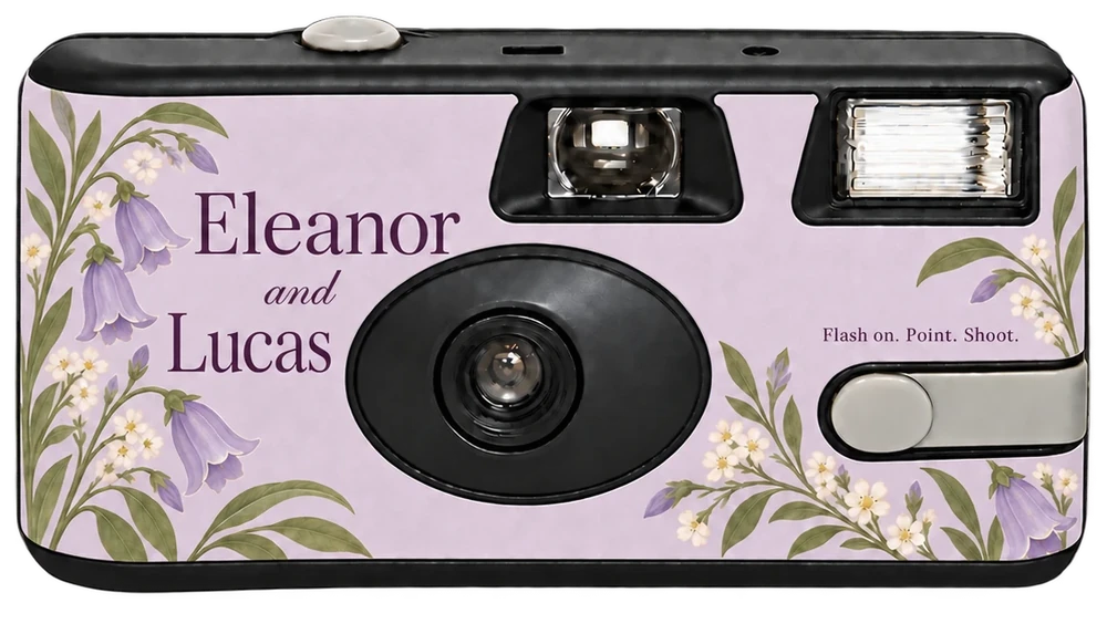 Front of a disposable camera: a lilac Eleanor and Lucas sticker with bluebells