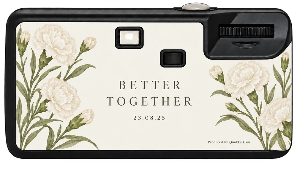 Back of the same disposable camera: white carnations and the line Better together