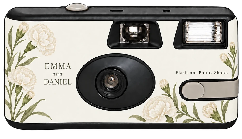 A disposable camera with a cream Emma and Daniel sticker with white carnations and greenery