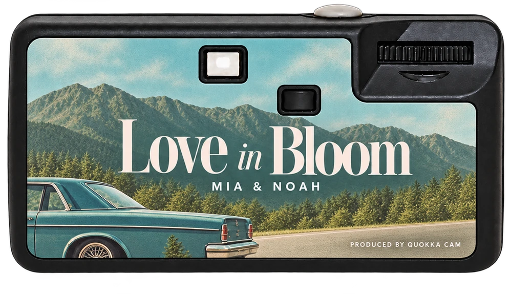 Back of the same disposable camera: the same mountain road and the line Love in Bloom