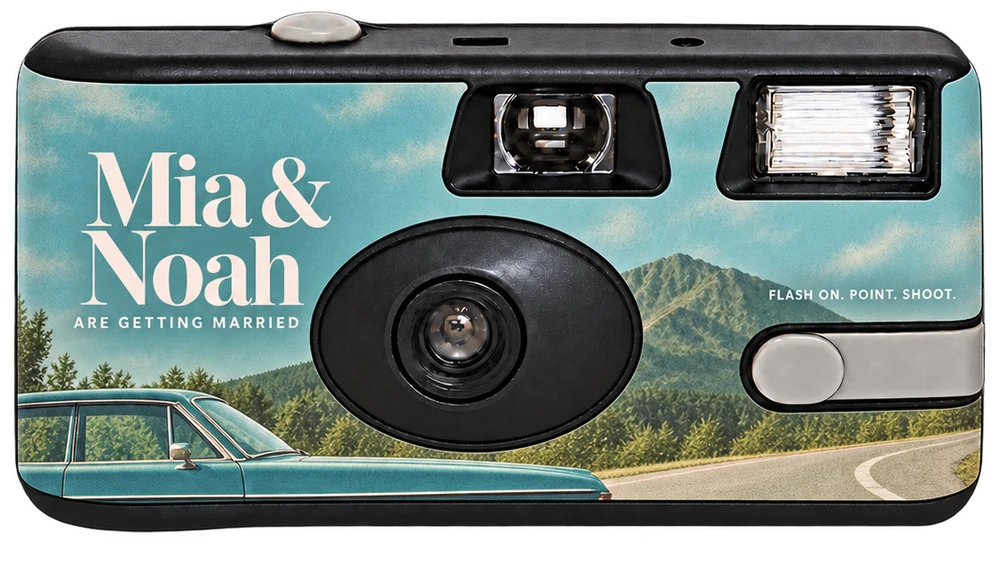 Front of a disposable camera: a Mia & Noah are getting married sticker with mountains and a vintage teal car