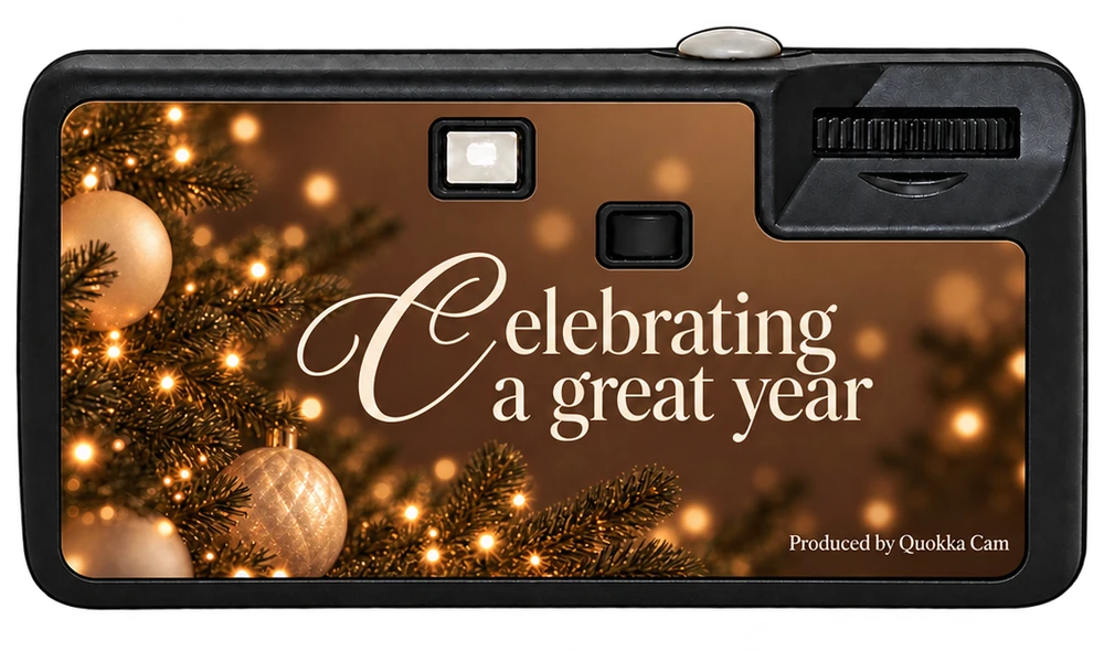 Back of the same disposable camera: baubles, fairy lights and the line Celebrating a great year