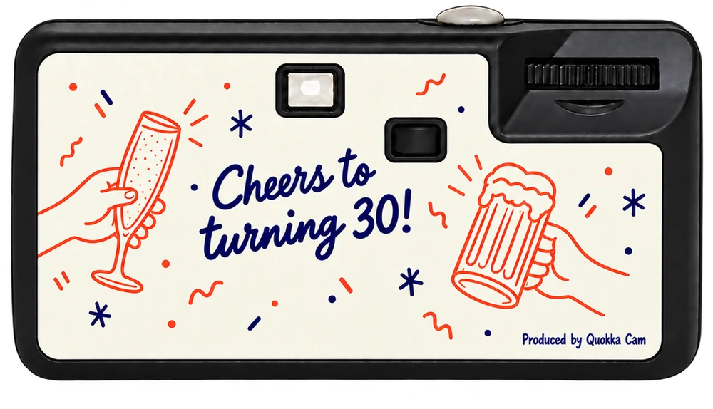 Back of the same disposable camera: hand-drawn glasses raised and the line Cheers to turning 30!