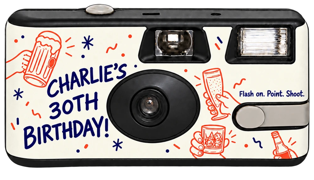 Front of a disposable camera: a cream Charlie&rsquo;s 30th Birthday! sticker with hand-drawn beers and confetti in red and navy