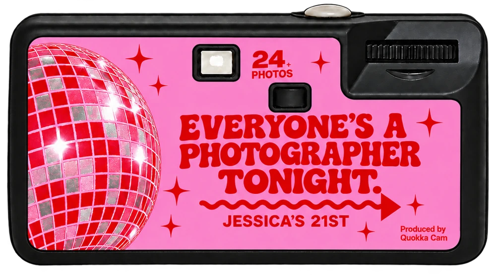 Back of the same disposable camera: a disco ball and the line Everyone&rsquo;s a photographer tonight