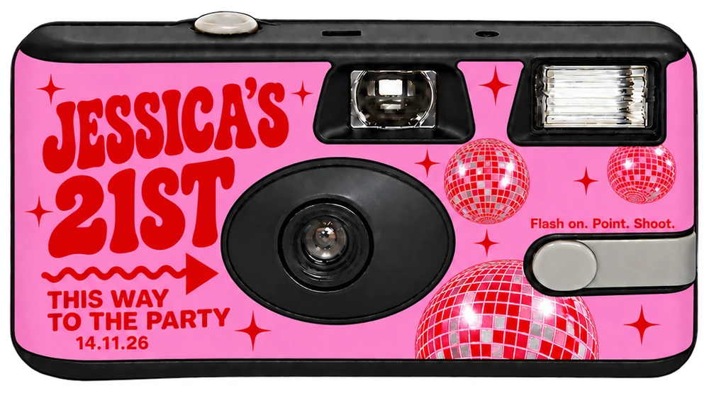 A disposable camera with a hot pink Jessica&rsquo;s 21st sticker reading This way to the party, with disco balls