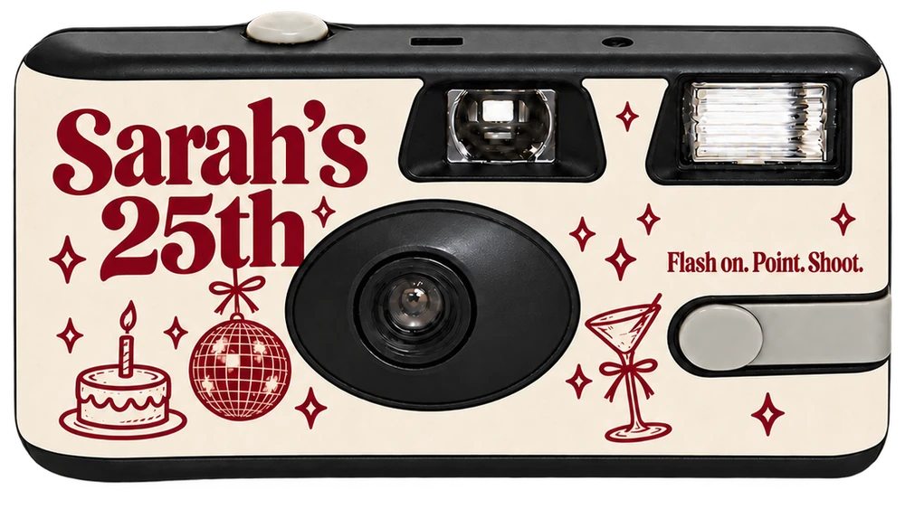 Front of a disposable camera: a cream Sarah&rsquo;s 25th sticker in burgundy with a cake, a disco ball and a cocktail