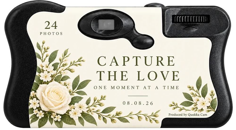 Back of the same camera: the line Capture the love, one moment at a time, with white roses and a small Produced by Quokka Cam line