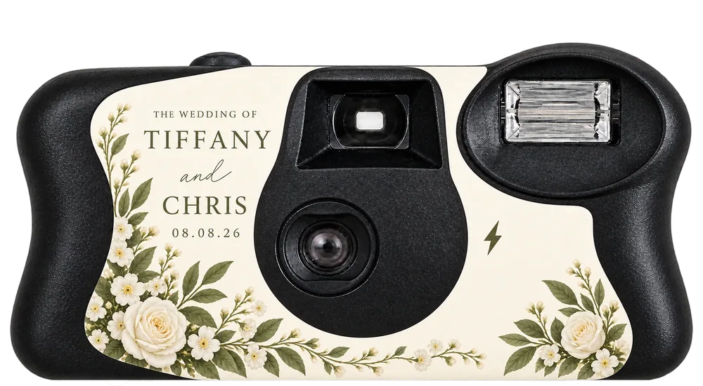 A Love on Film camera: a cream sticker reading The wedding of Tiffany and Chris with white roses