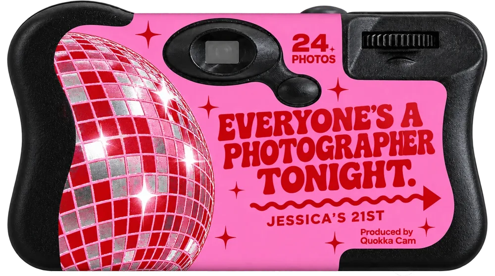 Back of the same camera: the line Everyone&rsquo;s a photographer tonight over a disco ball, and a small Produced by Quokka Cam line