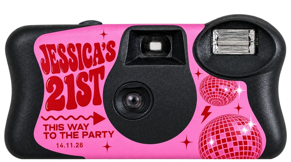A Party Pack camera: a hot pink sticker reading Jessica&rsquo;s 21st with disco balls