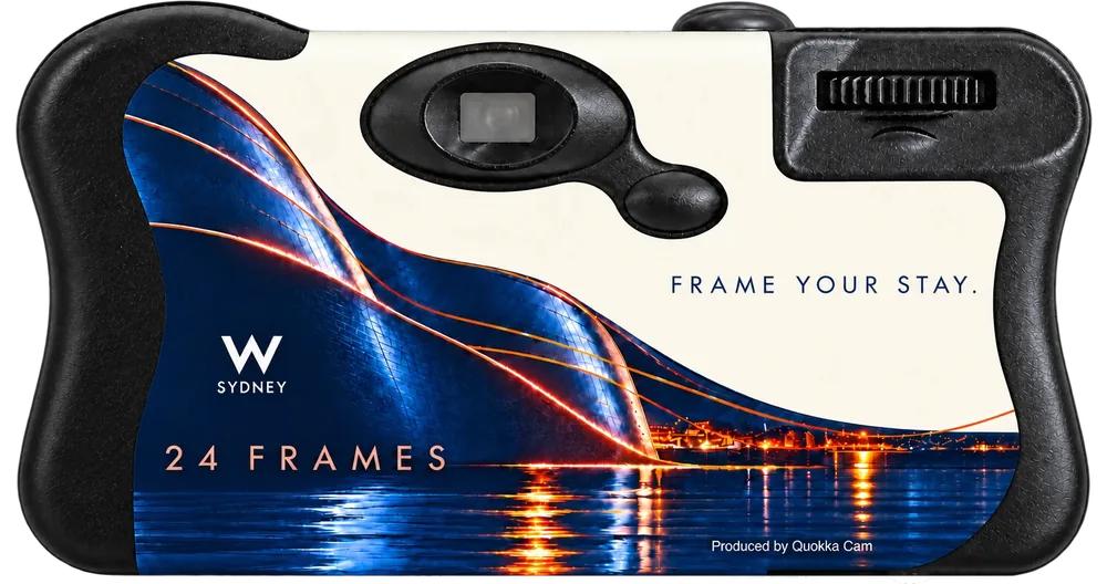 Back of the same camera: the W Sydney line Frame your stay, the harbour at night, and a small Produced by Quokka Cam line