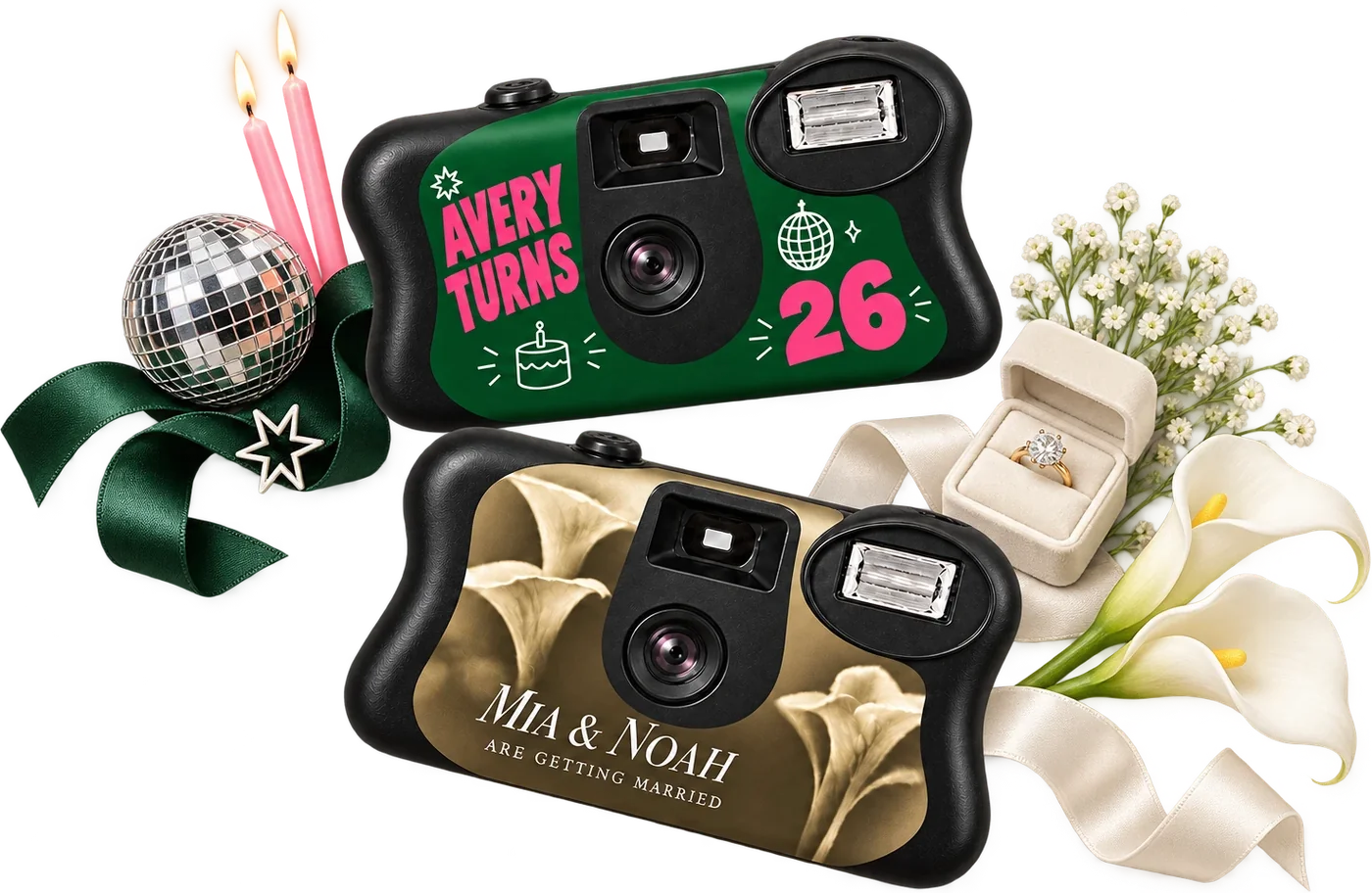 Two Quokka Cam cameras: a green birthday camera reading Avery turns 26 beside a disco ball and candles, and a gold wedding camera reading Mia and Noah are getting married beside lilies and a ring box