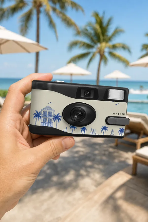 A guest holding the Beach House camera by the pool