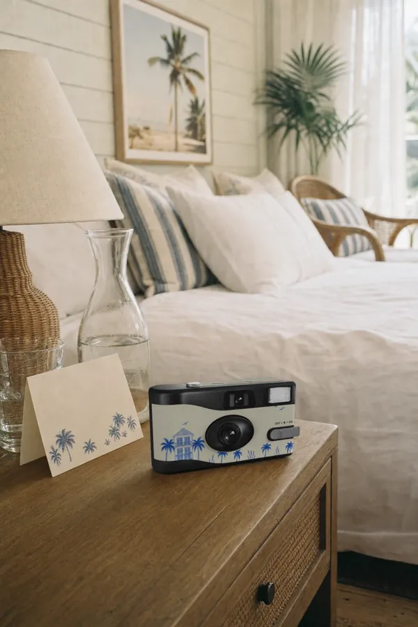 The beach house hotel camera on a bedside table beside a carafe, a lamp and a card printed with blue palm trees