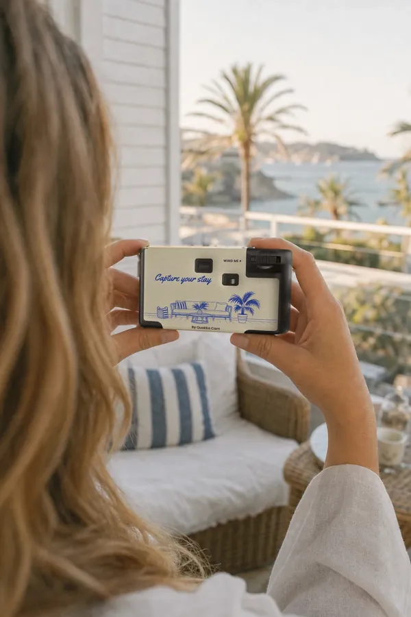 A guest photographing the view from a hotel balcony