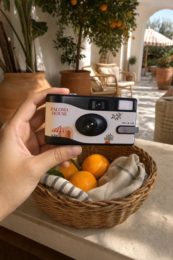 A guest holding the Paloma House camera by the pool