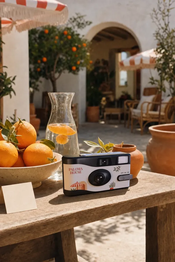 A Paloma House camera on a wooden table beside a bowl of oranges and a carafe of water, under striped umbrellas