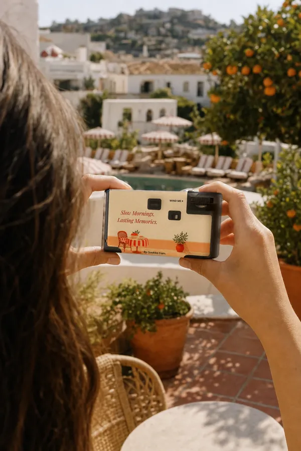 A guest photographs the pool and orange trees from a terrace, holding the back of the camera, which reads Slow Mornings, Lasting Memories