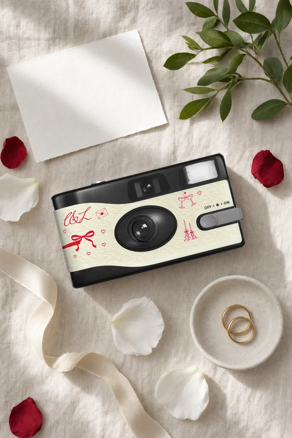 Charlotte and Liam's camera laid on linen with a blank card, green leaves, red and white rose petals and two wedding rings in a dish