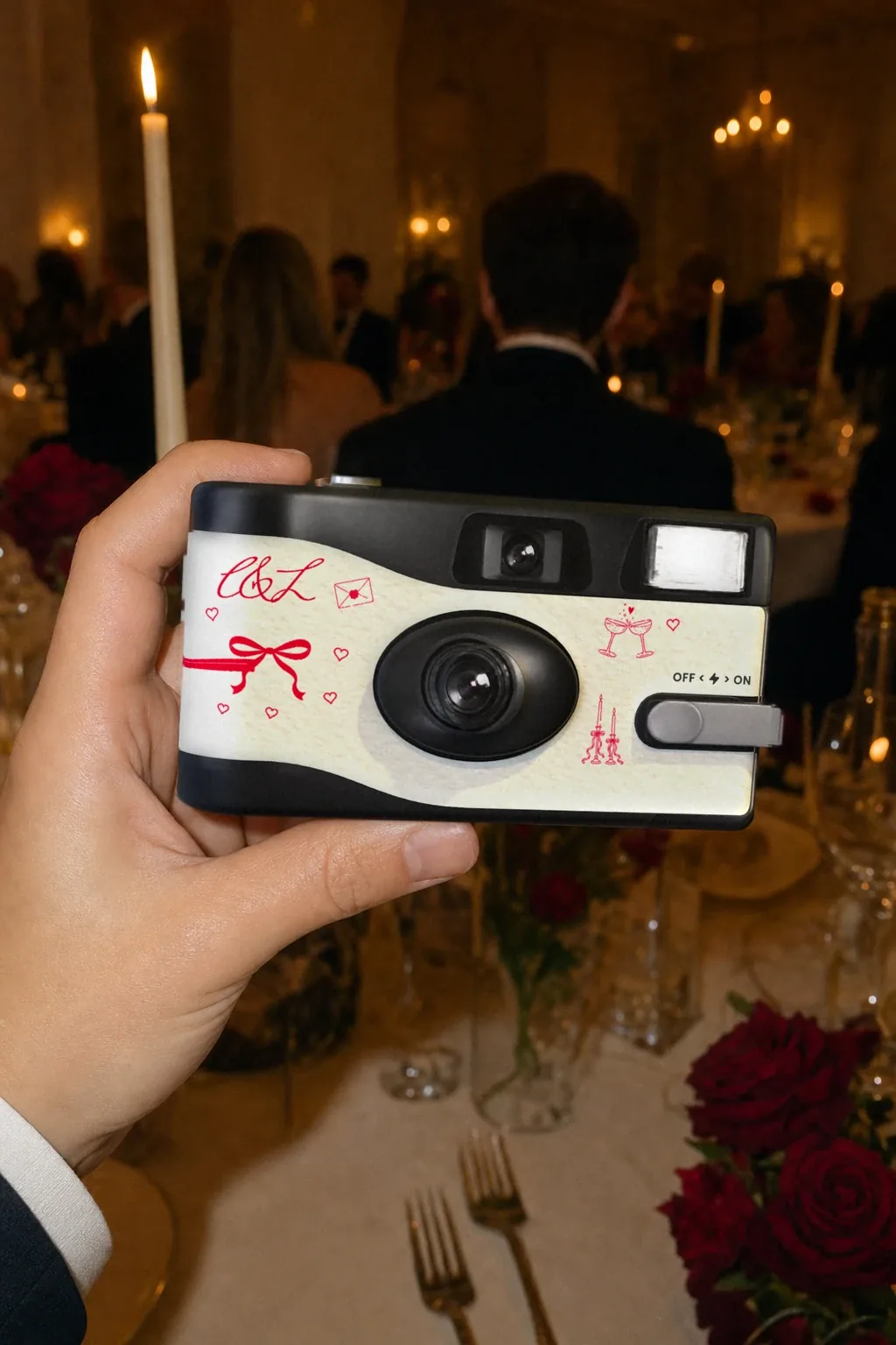 A guest holds up Charlotte and Liam's camera at a candlelit reception with red roses on the tables