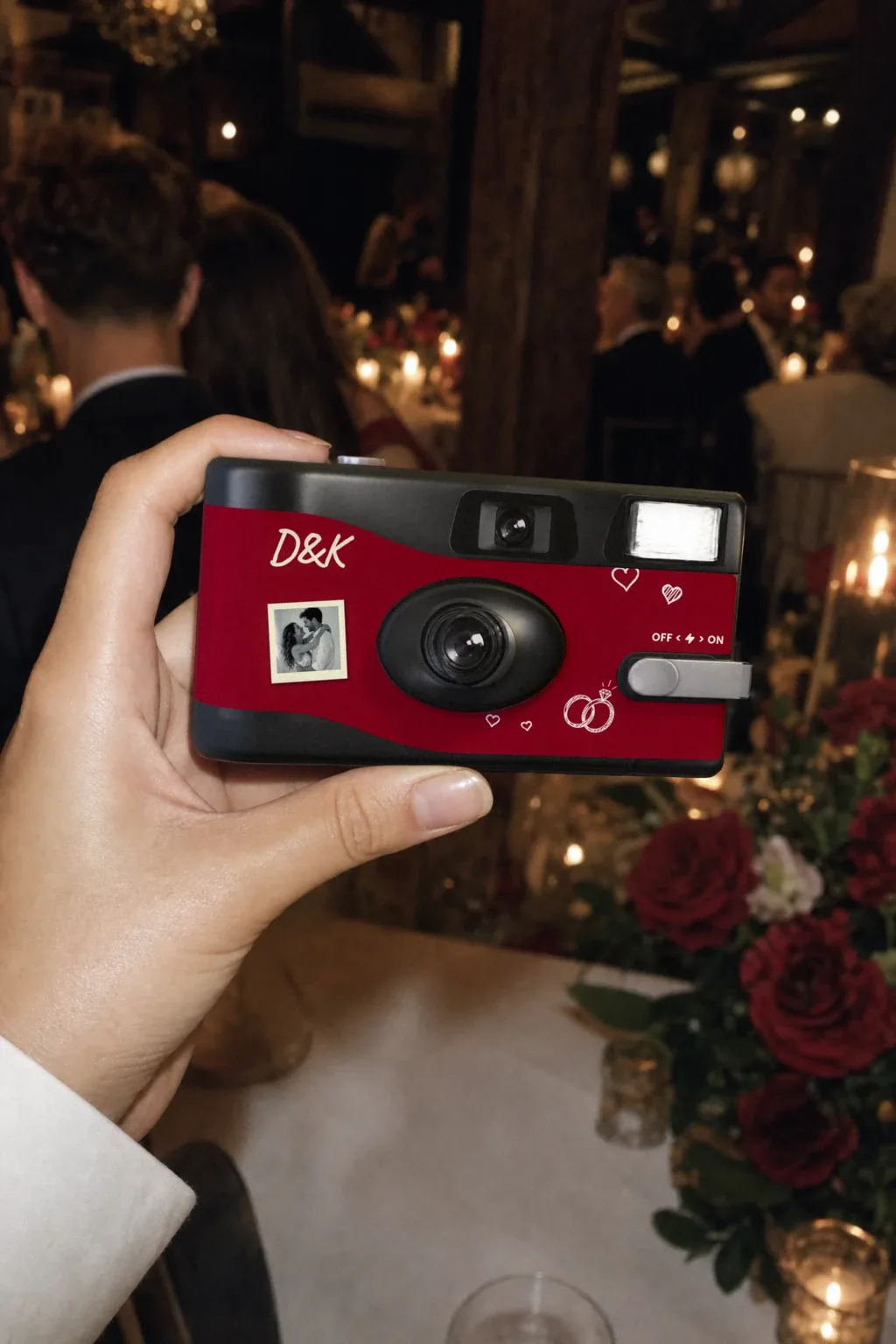 A guest holds up Dylan and Kiara's camera at a candlelit evening reception with red roses on the tables