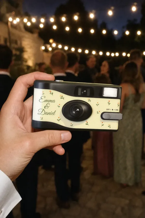 Emma and Daniel's camera held up under string lights at the reception