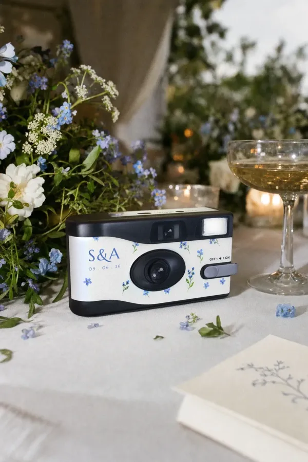 Sian and Aidan's camera in a hand at a garden wedding