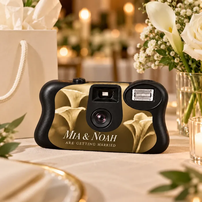 A gold Mia and Noah wedding camera waiting on a candlelit reception table beside a gift bag and white flowers
