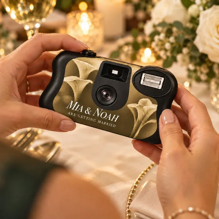 A guest picking up the wedding camera from the table, candles and flowers behind