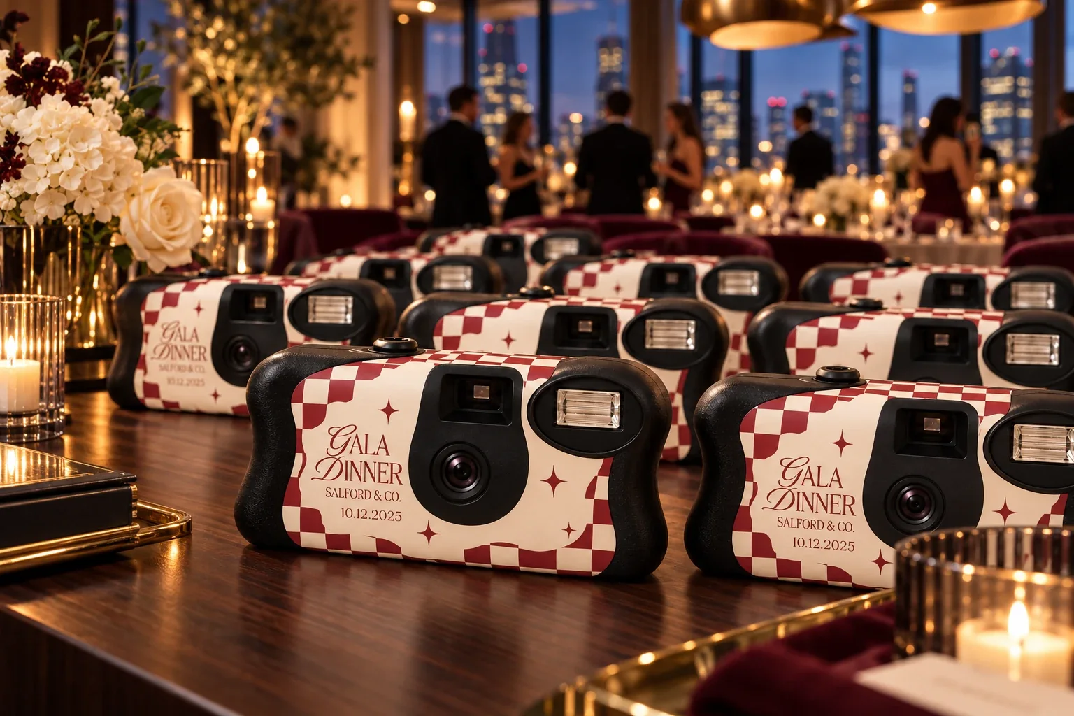A long table set for a gala dinner, lined with custom Quokka Cam cameras in cream and burgundy checkerboard reading Gala Dinner, Salford and Co., with guests and city lights behind